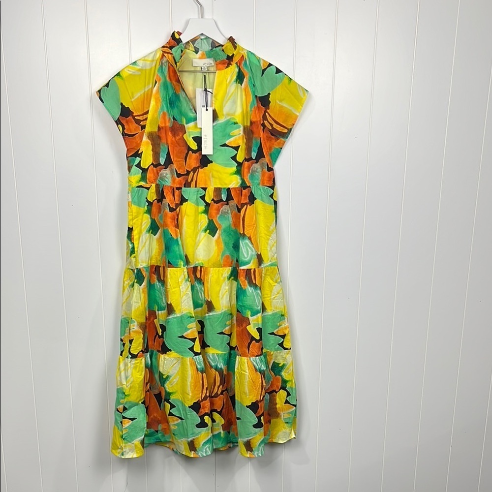 Pinch Womens Midi Dress M Yellow Green Pullover Floral Flutter Sleeves Lined EUC